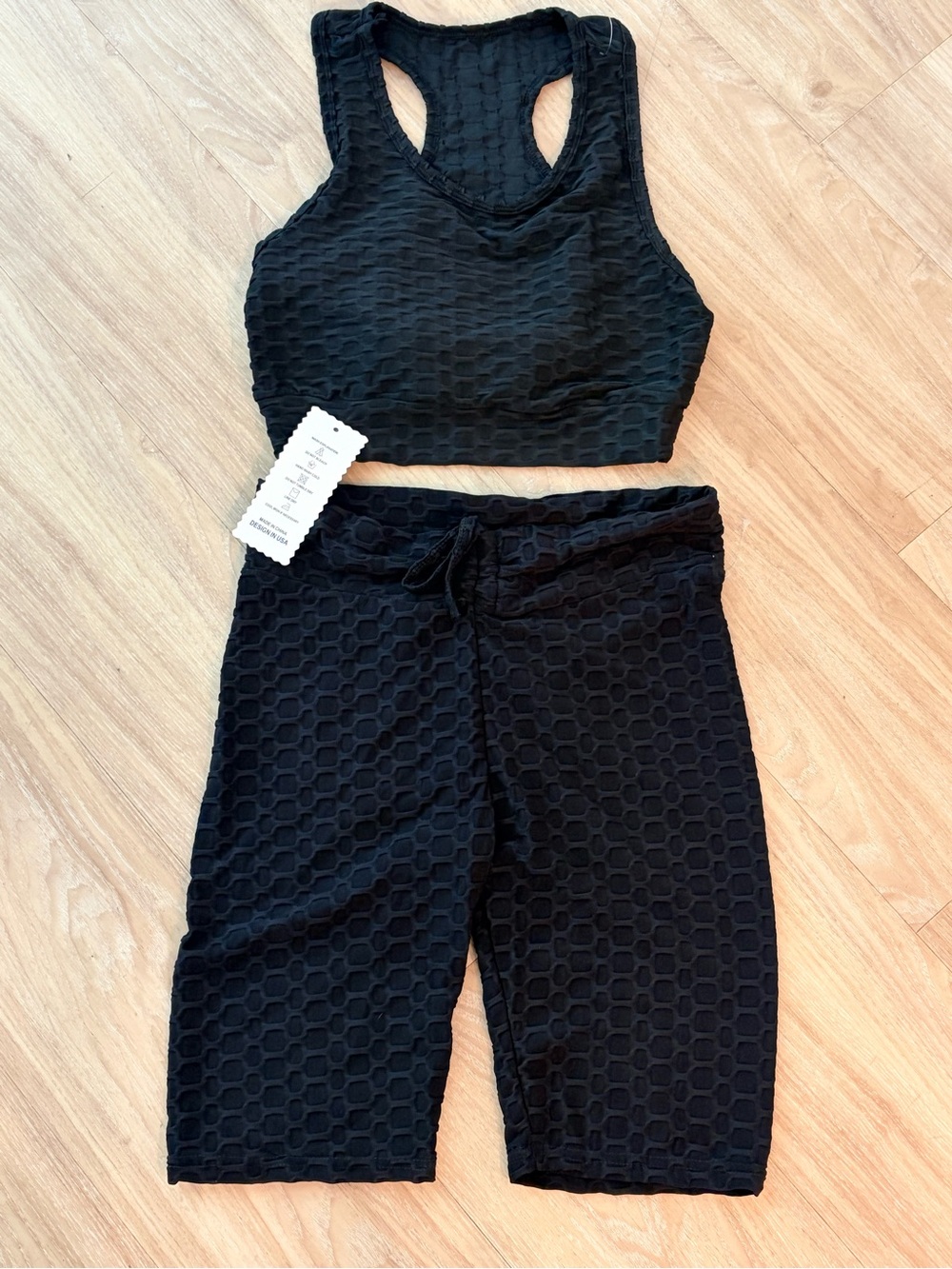 Black Textured Crop Tank & High-Waist Shorts Set